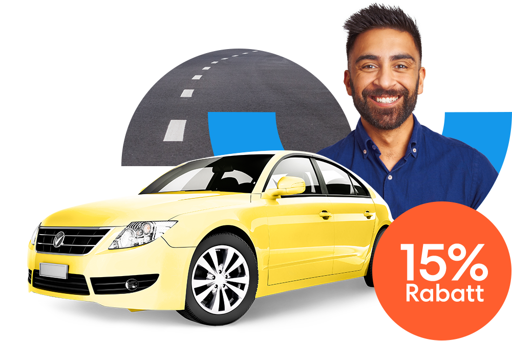 Lächelnder Mann neben einem gelben Auto und einem orangen 15 % Prozent Rabatt Störer