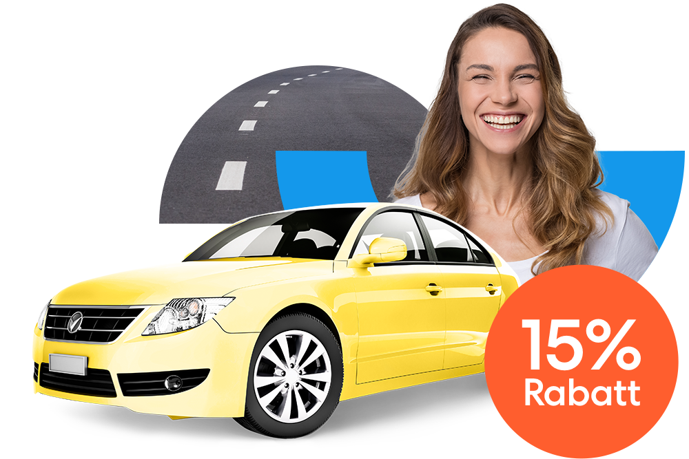 Lachende Frau neben einem gelbem Auto und einem orangen 15 % Prozent Rabatt Störer