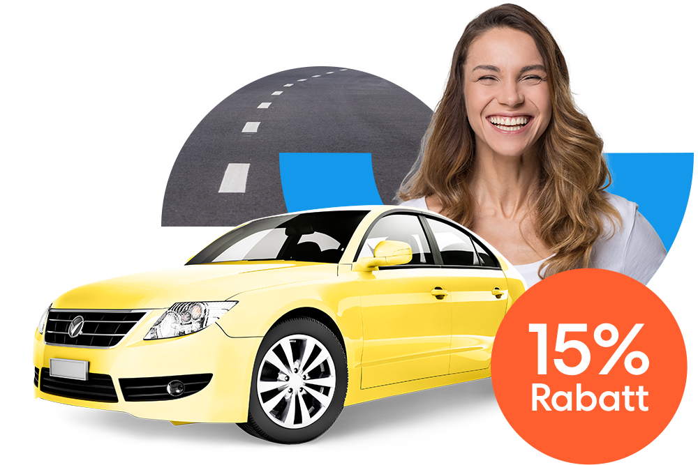 Lachende Frau neben einem gelbem Auto und einem orangen 15 % Prozent Rabatt Störer