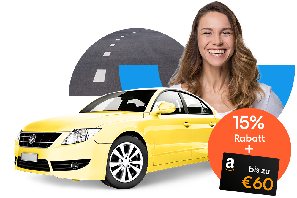 Lachende Frau neben einem gelben Auto und einem orangen 15 % Prozent Rabatt Störer mit einem bis zu 60€ Amazon-Gutschein