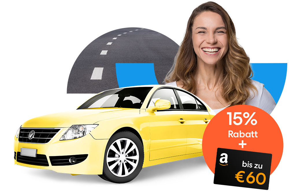 Lachende Frau neben einem gelben Auto und einem orangen 15 % Prozent Rabatt Störer mit einem bis zu 60€ Amazon-Gutschein