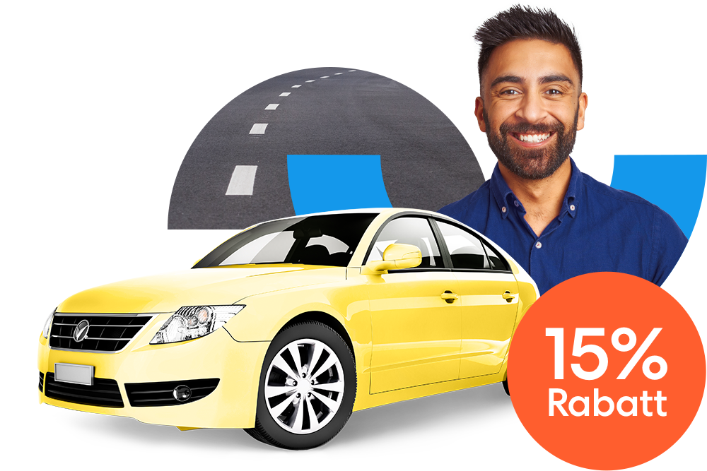 Lächelnder Mann neben einem gelbem Auto und einem orangen 15 % Prozent Rabatt Störer