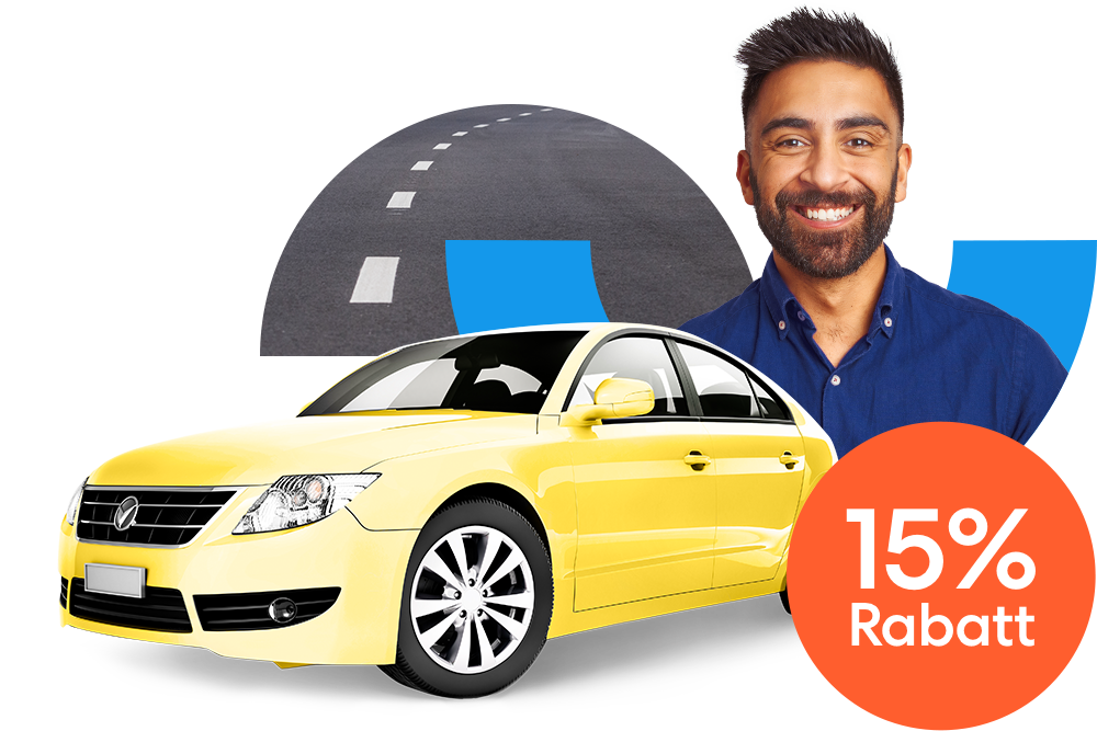 Lächelnder Mann neben einem gelbem Auto und einem orangen 15 % Prozent Rabatt Störer