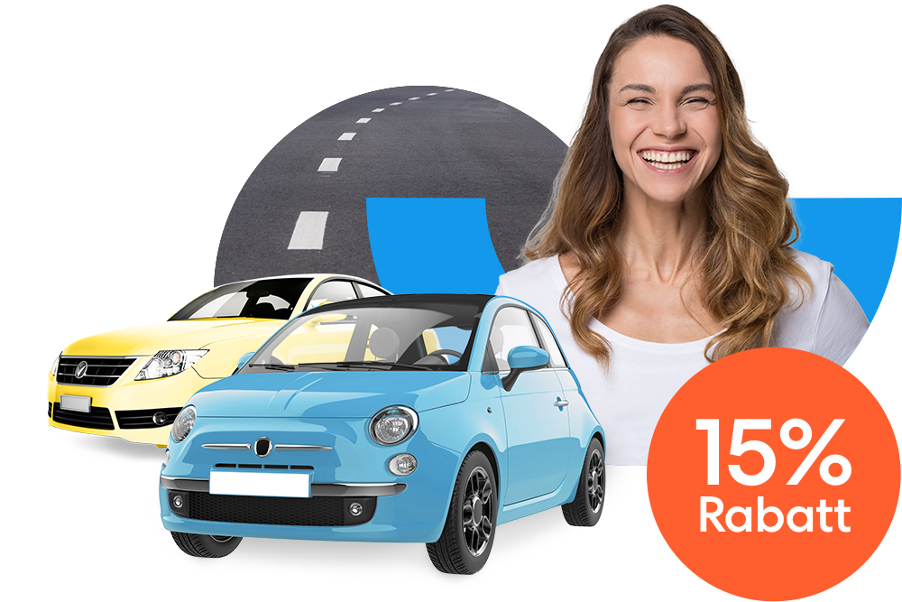 Lachende Frau neben einem gelbem Auto und einem hellblauen Kleinwagen und einem orangen 15 % Prozent Rabatt Störer