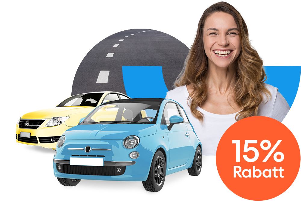 Lachende Frau neben einem gelbem Auto und einem hellblauen Kleinwagen und einem orangen 15 % Prozent Rabatt Störer