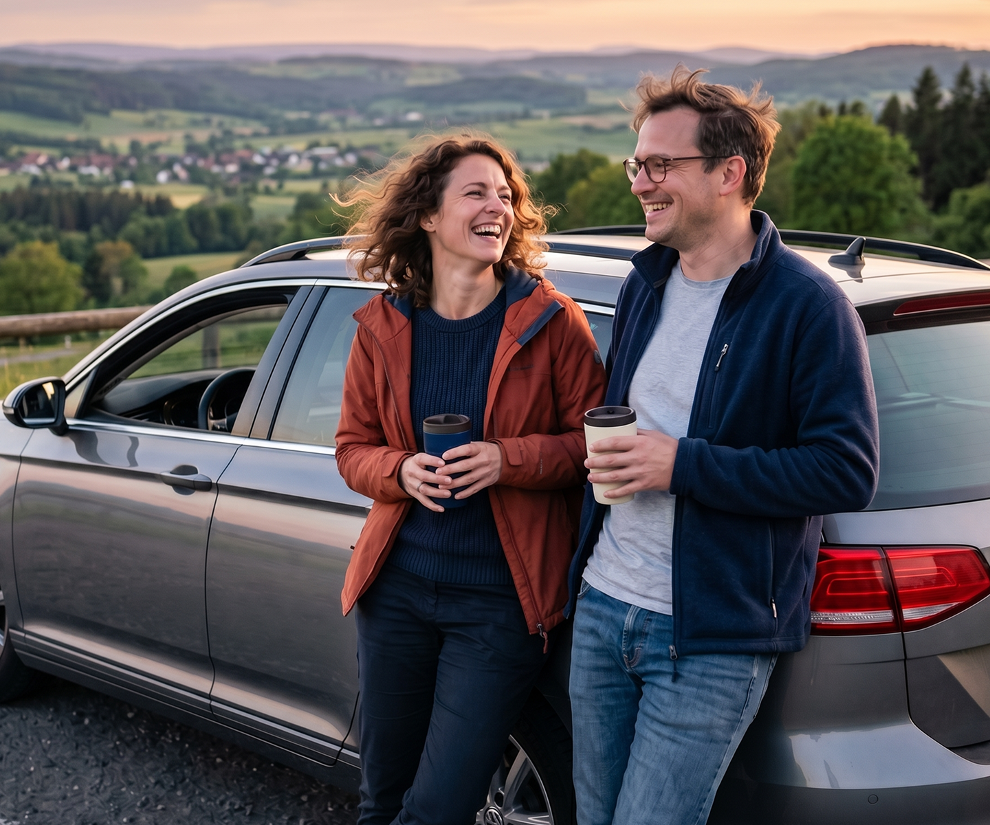 Eine Frau und ein Mann stehen lachend mit Kaffeebechern an einem geparkten Auto| DA Direkt Teilkaskoversicherung