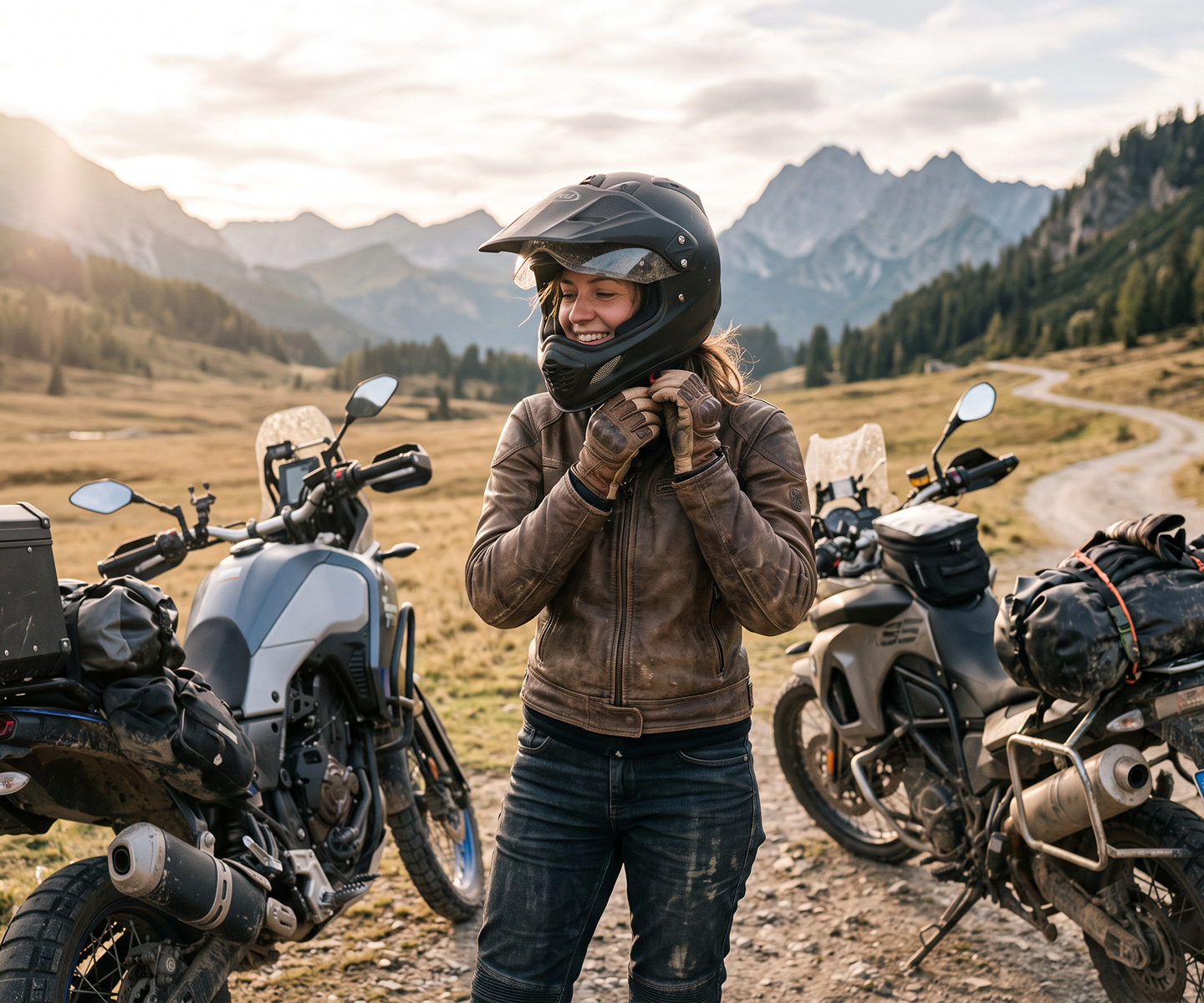 Eine junge Frau mit Motorradhelm steht zwischen zwei Motorrädern | DA Direkt Haftpflichtversicherung fürs Motorrad