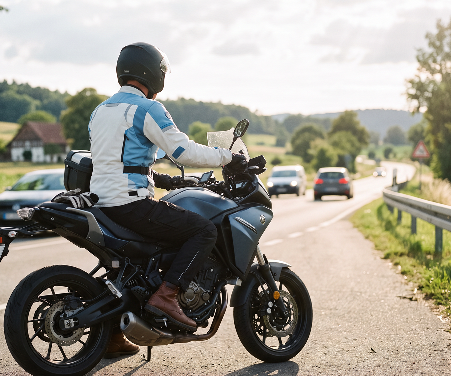 Ein Motorradfahrer hält am Straßenrand | DA Direkt Teilkaskoversicherung für Motorräder