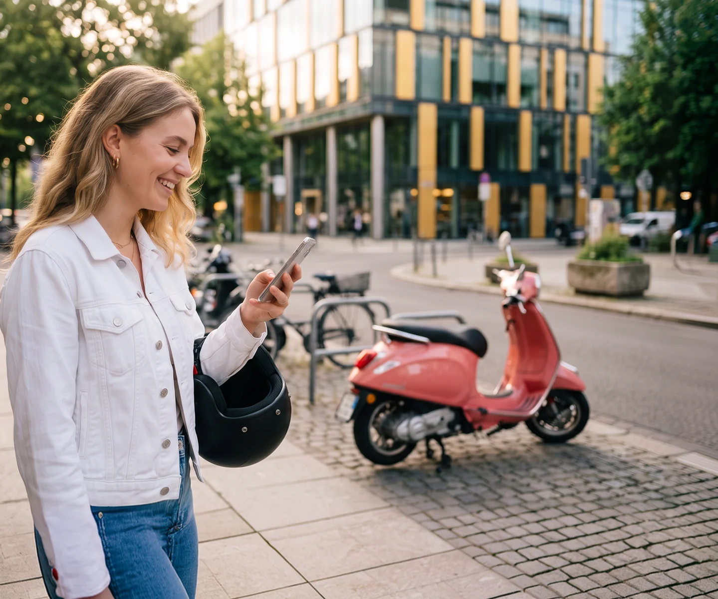 Eine junge Frau steht neben ihrem Roller und schaut aufs Handy | DA Direkt Rollerversicherung