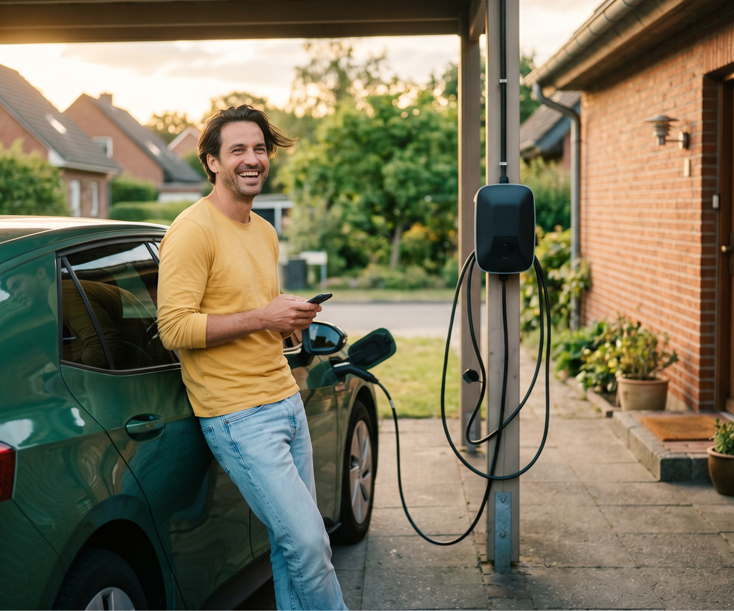 Ein lächelnder Mann steht an sein Elektroauto gelehnt, während es lädt | DA Direkt E-Auto-Versicherung