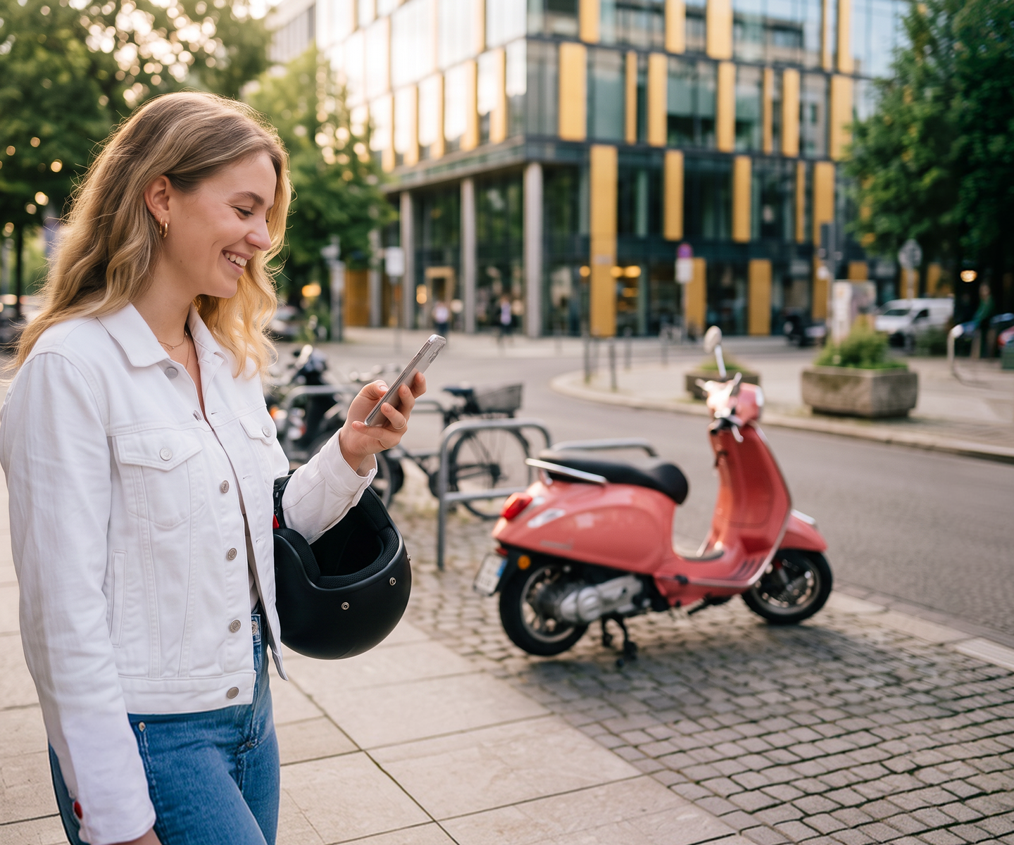 Eine junge Frau steht neben ihrem Roller und schaut aufs Handy | DA Direkt Rollerversicherung