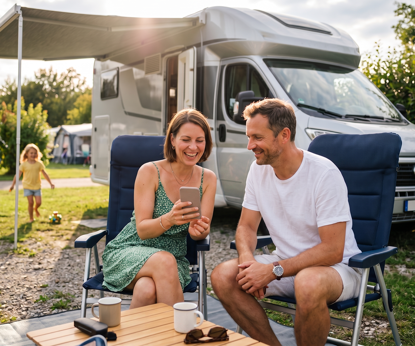 Eine Familie im Camping-Urlaub vor ihrem Wohnmobil | DA Direkt Wohnmobilversicherung