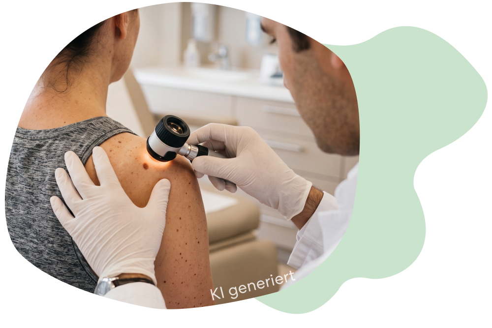Dermatologische Untersuchung einer Hautstelle mit einem Handmikroskop.