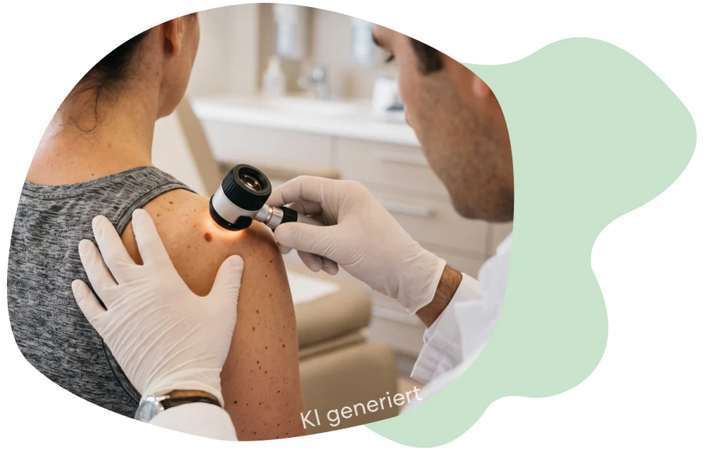 Dermatologische Untersuchung einer Hautstelle mit einem Handmikroskop.