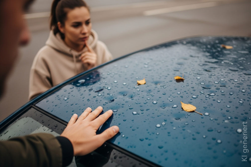 Dunkles Auto mit Hagelschaden auf dem Dach und zwei Personen, die den Schaden begutachten