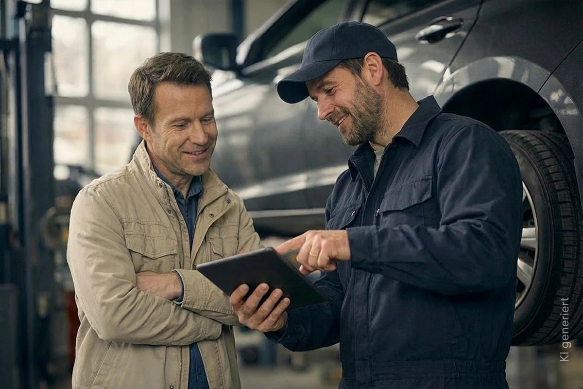 Ein Mechaniker zeigt einem Kunden in der Werkstatt auf einem Tablet etwas; im Hintergrund steht ein Auto auf einer Hebebühne.