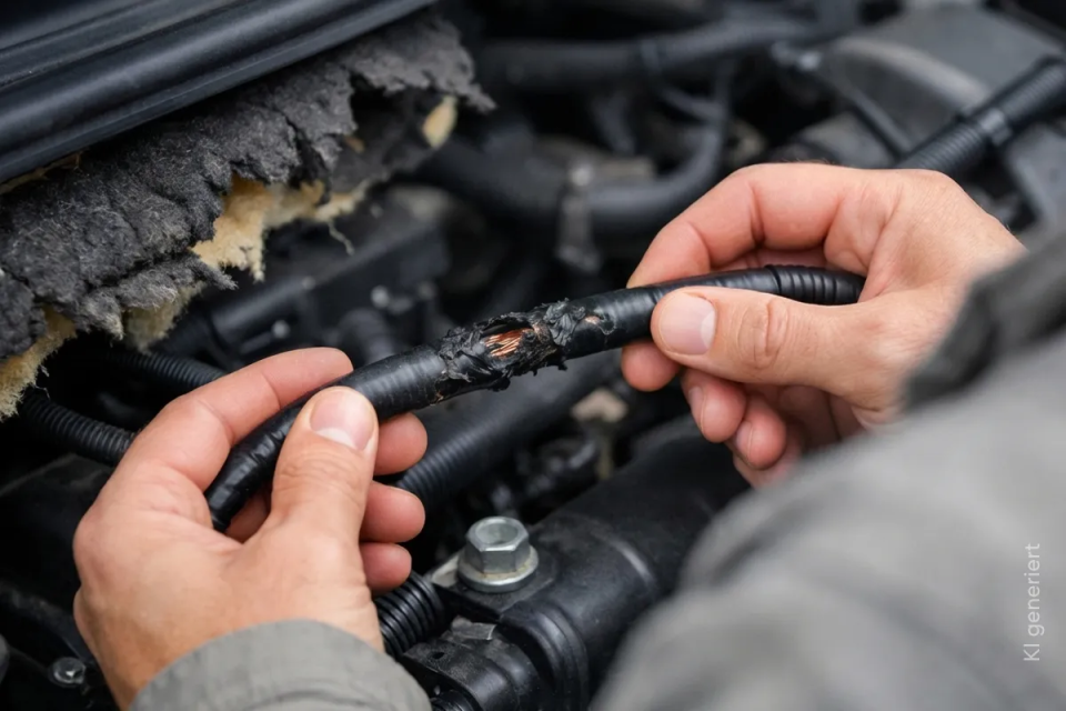 Marderschaden im Motorraum: beschädigte Kabel und freiliegende Kupferdrähte werden mit Händen begutachtet 