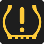 Die Reifendruck-Kontrollleuchte (gelbes Ausrufezeichen im Reifen) signalisiert, dass der Druck in einem oder mehreren Reifen zu niedrig ist.