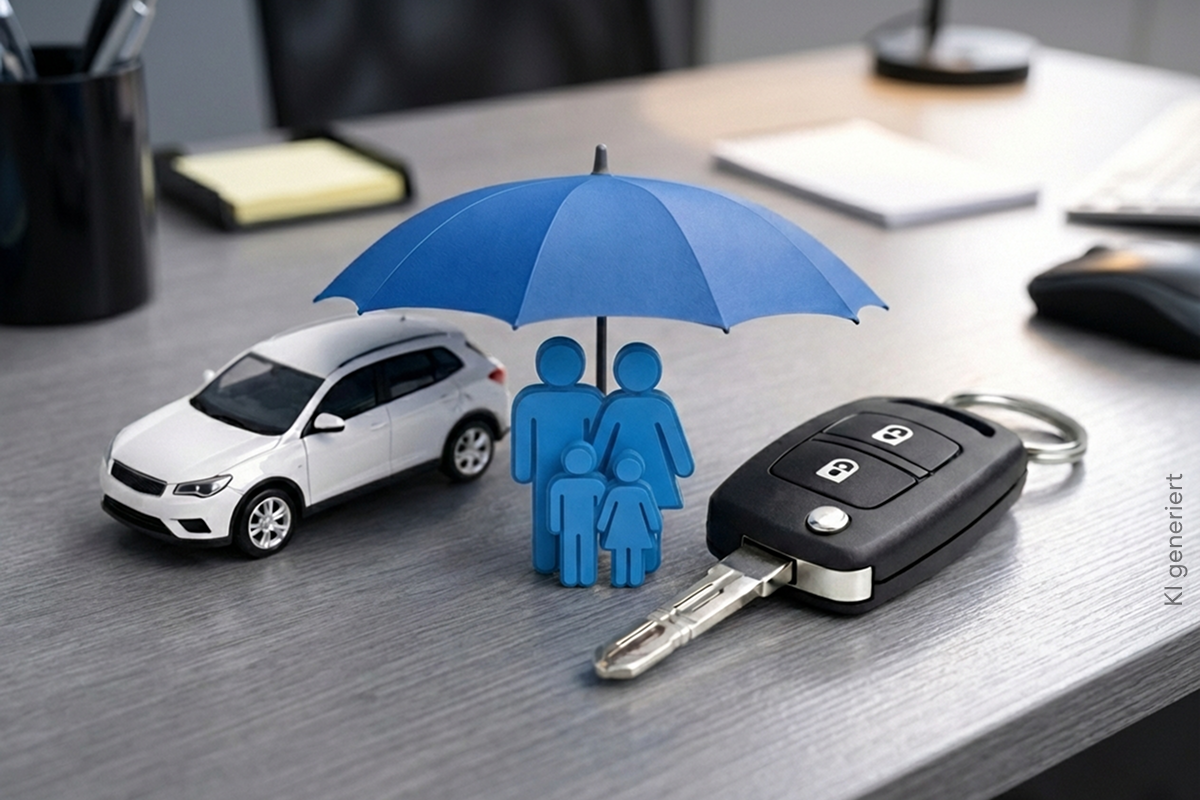 Spielzeugauto, Modell einer Familie mit Regenschirm und Autoschlüssel stehen auf dem Schreibtisch 