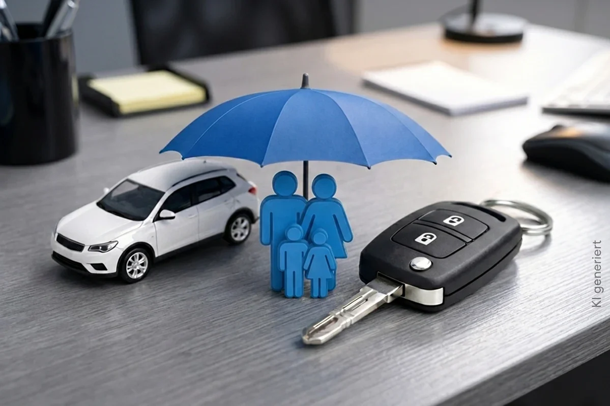 Spielzeugauto, Modell einer Familie mit Regenschirm und Autoschlüssel stehen auf dem Schreibtisch
