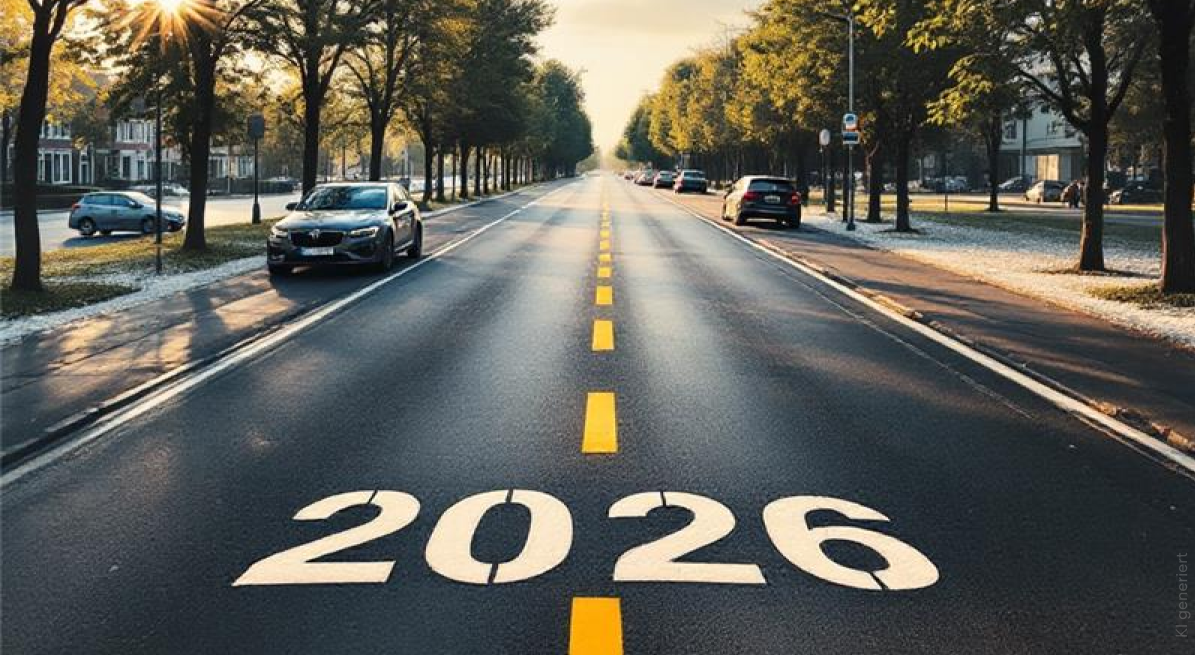 DA Direkt Ratgeber Neue Regeln fue Autofahrer: Strasse mit der Jahreszahl 2026
