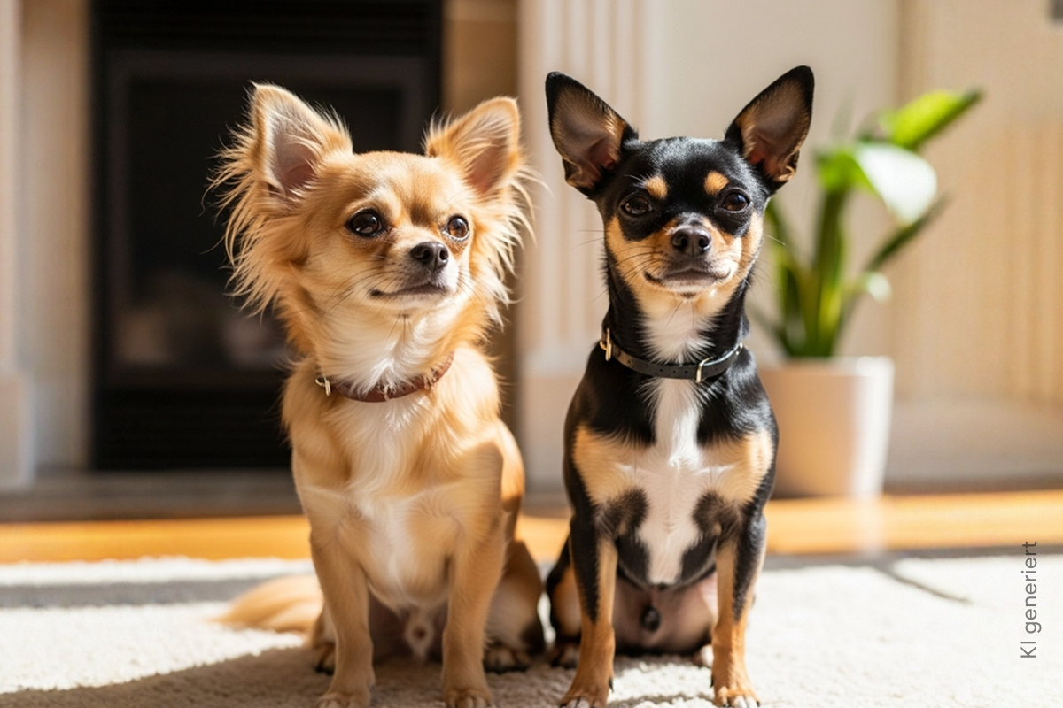 Zwei Chihuahuas sitzen nebeneinander.