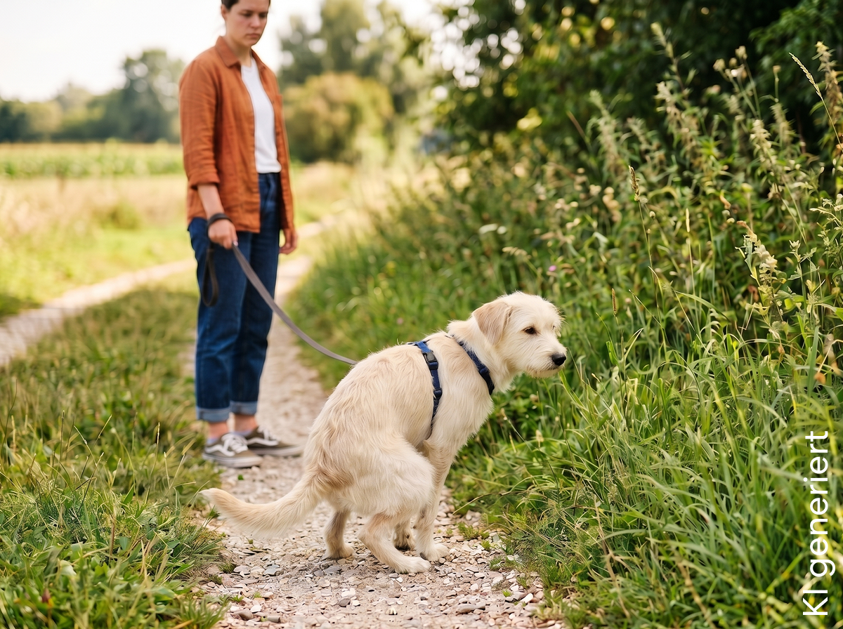 Frau beobachtet besorgt ihren Hund, der sein Geschäft verrichtet
