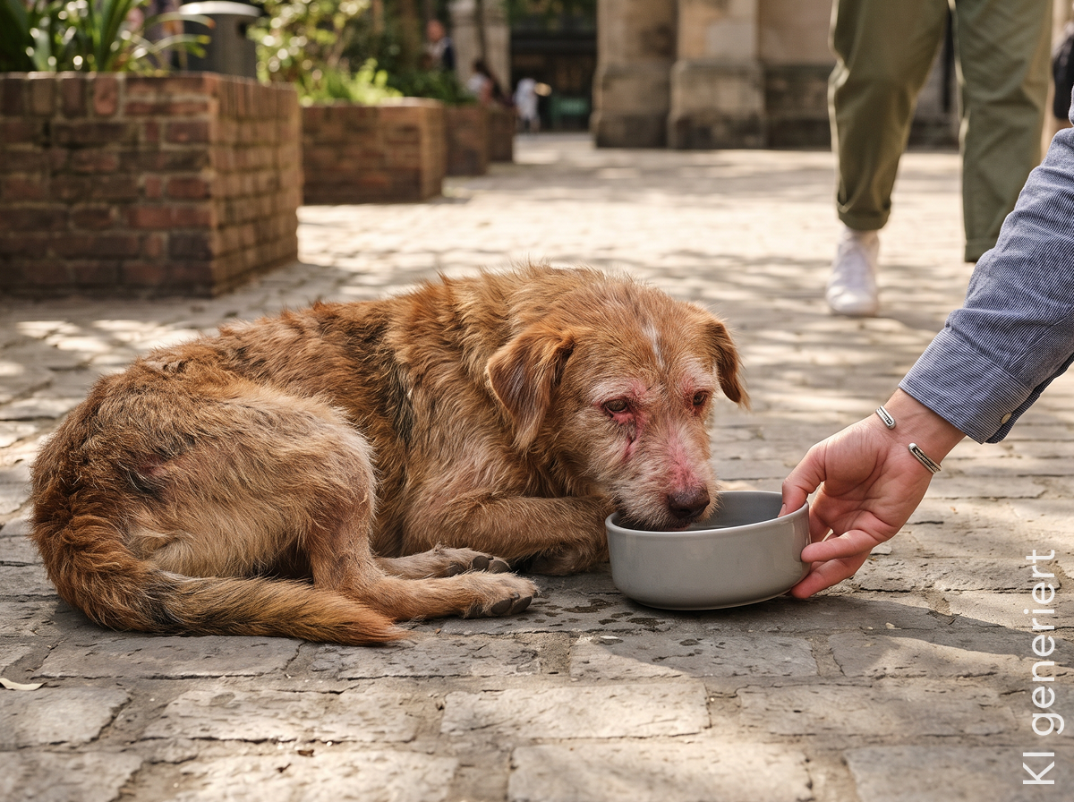 Kranker Hund liegt auf dem Boden und trinkt Wasser aus einem Napf