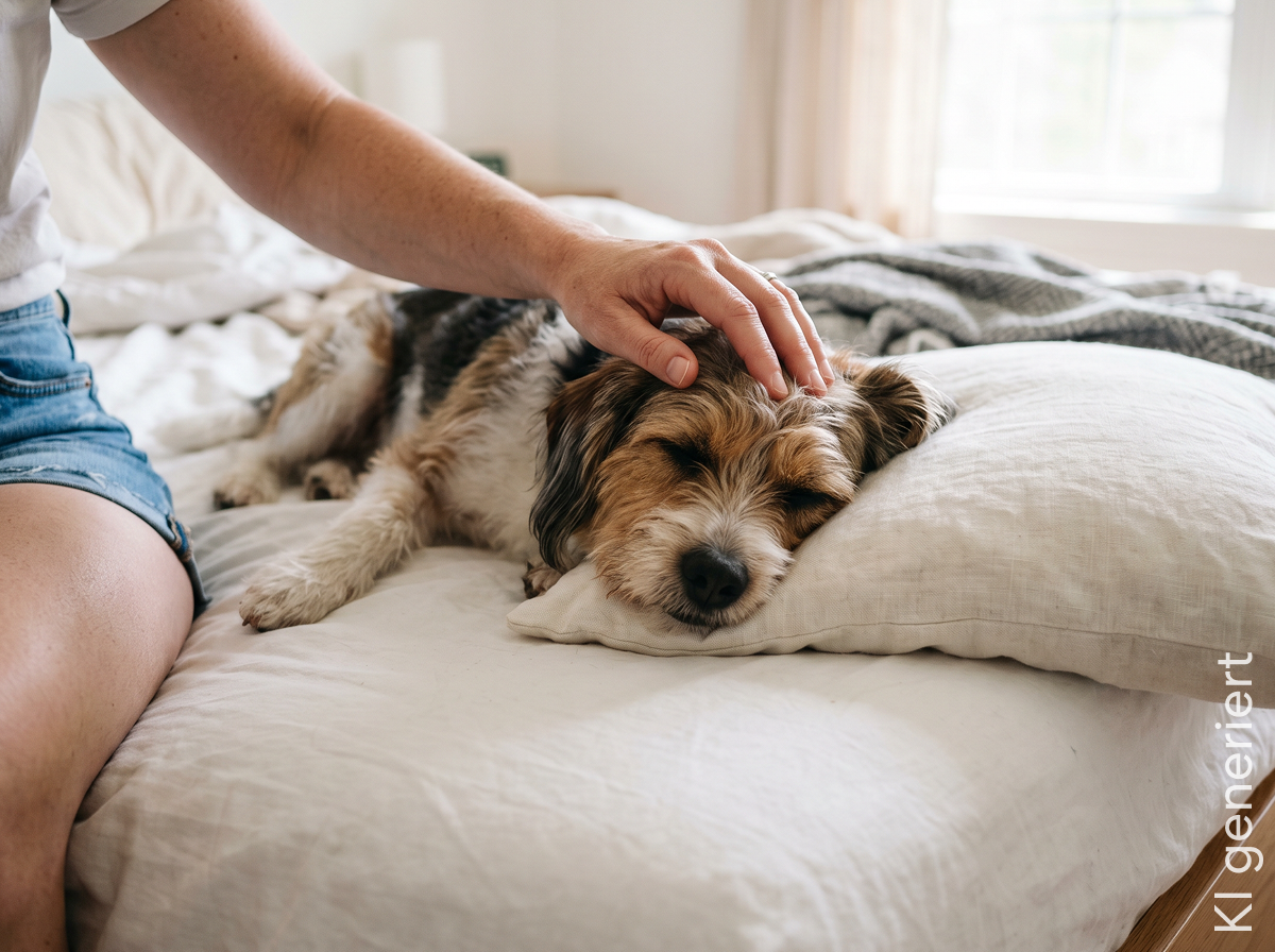 Kranke Hündin liegt auf dem Bett und wird gestreichelt