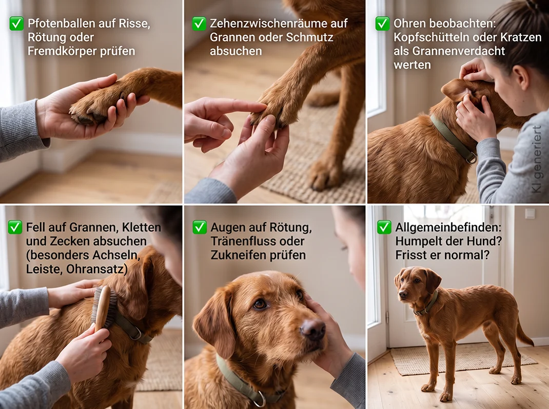 Ein 2-Minuten-Check gehört zur Routine wie das Abstreifen der Schuhe. Er dauert zwei Minuten und kann eine Granne oder Zecke frühzeitig entdecken.