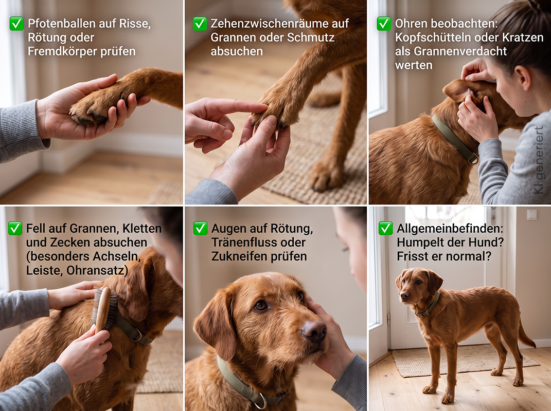 Ein 2-Minuten-Check gehört zur Routine wie das Abstreifen der Schuhe. Er dauert zwei Minuten und kann eine Granne oder Zecke frühzeitig entdecken.