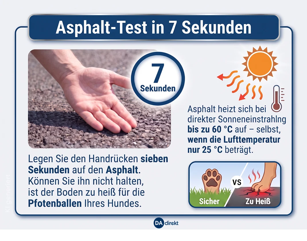 Infobox: Asphalt-Test in 7 Sekunden Legen Sie den Handrücken sieben Sekunden auf den Asphalt. Können Sie ihn nicht halten, ist der Boden zu heiß für die Pfotenballen Ihres Hundes. Asphalt heizt sich bei direkter Sonneneinstrahlung auf bis zu 60 °C auf – selbst, wenn die Lufttemperatur nur 25 °C beträgt.