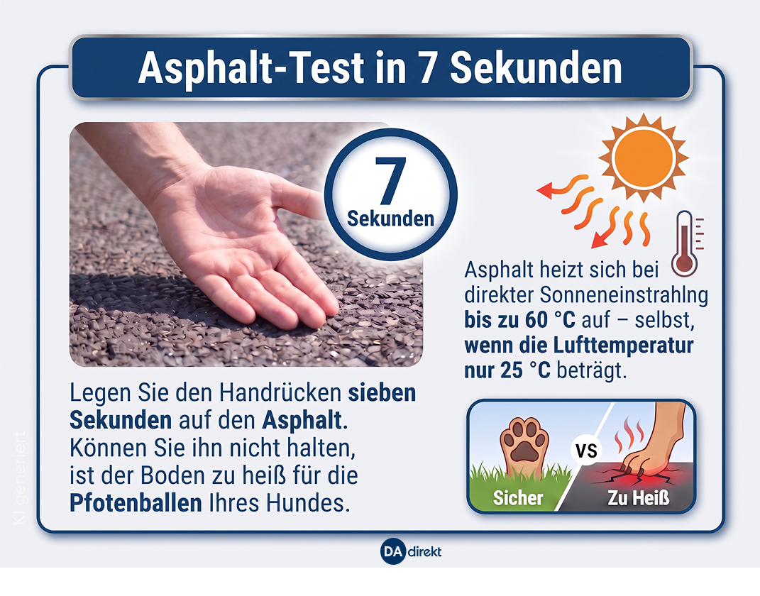 Infobox: Asphalt-Test in 7 Sekunden Legen Sie den Handrücken sieben Sekunden auf den Asphalt. Können Sie ihn nicht halten, ist der Boden zu heiß für die Pfotenballen Ihres Hundes. Asphalt heizt sich bei direkter Sonneneinstrahlung auf bis zu 60 °C auf – selbst, wenn die Lufttemperatur nur 25 °C beträgt.