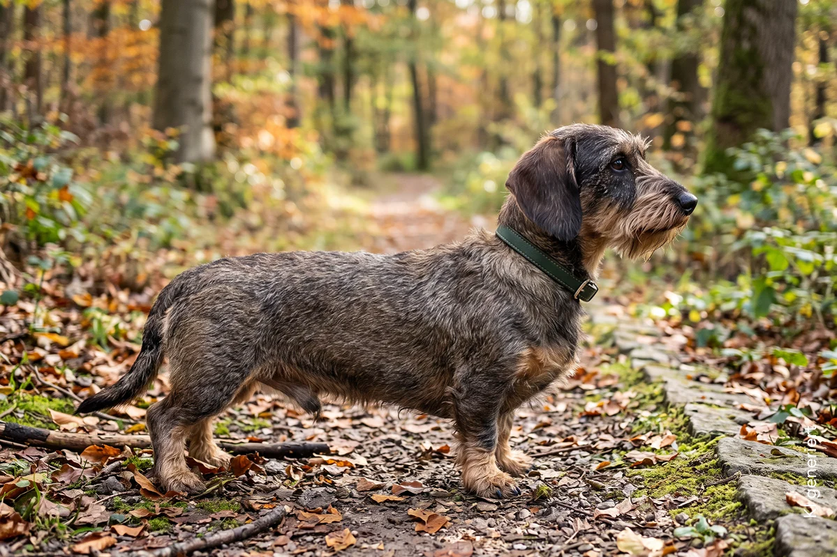 Ein Rauhhaardackel auf einem Waldweg
