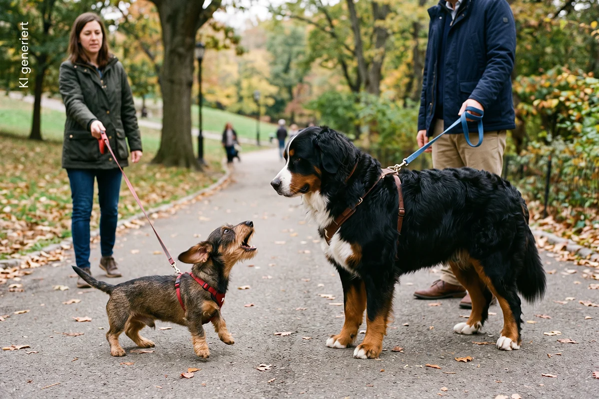 Dackel bellt Berner Sennenhund im Park an