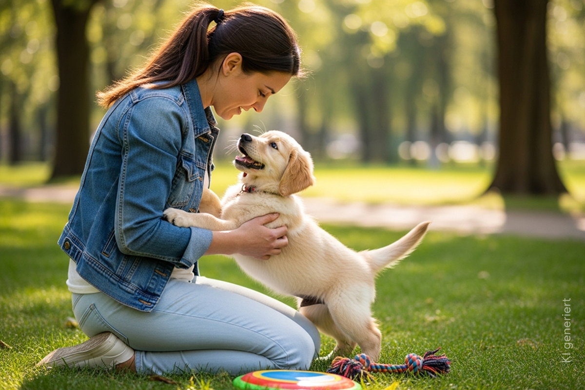 Einen überdrehten Welpen beruhigen: mit Geduld und konsequenter Erziehung.