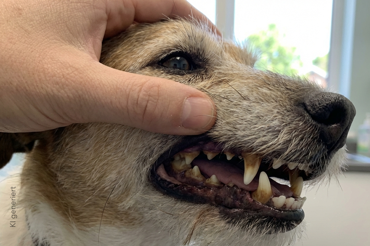 Hund mit gelben Zähnen