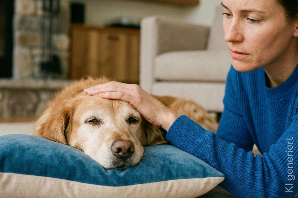 Ein Hund liegt mit dem Kopf auf einem Kissen. Eine Frau beruehrt den Kopf des Hundes mit ihrer Hand.