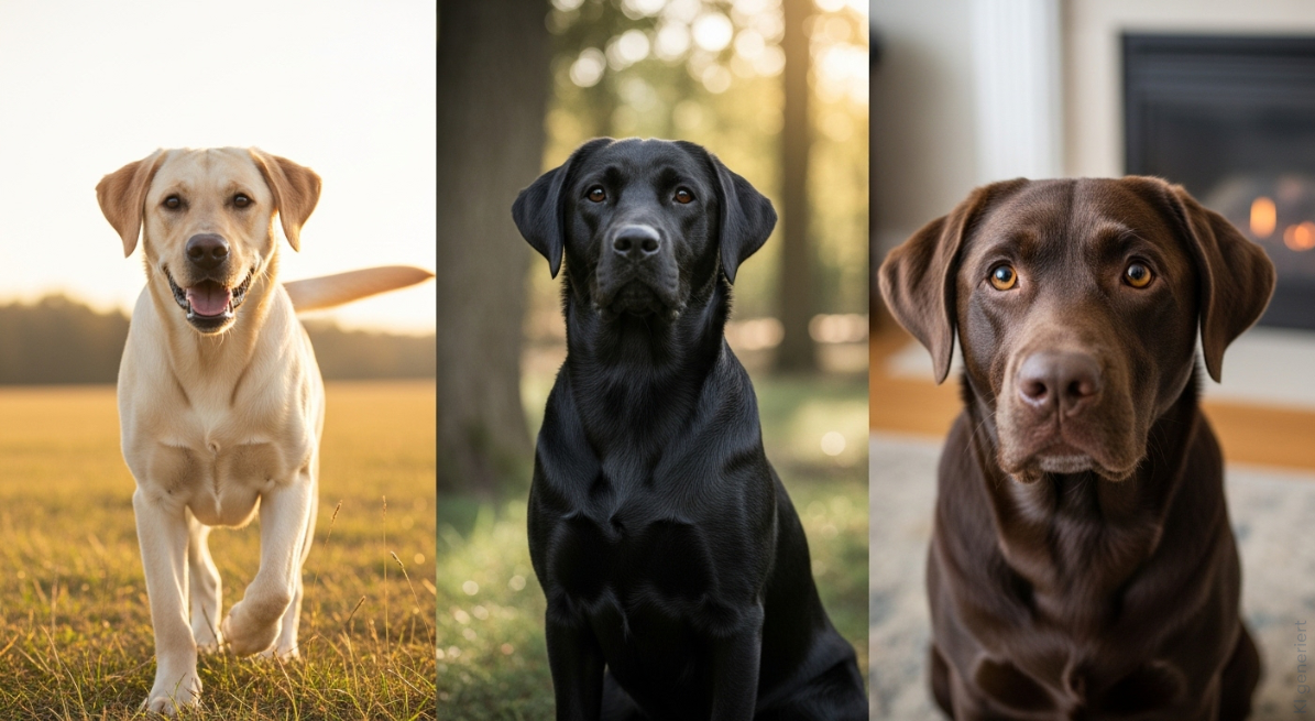 Drei Labradore in den Farben beige, schwarz und braun