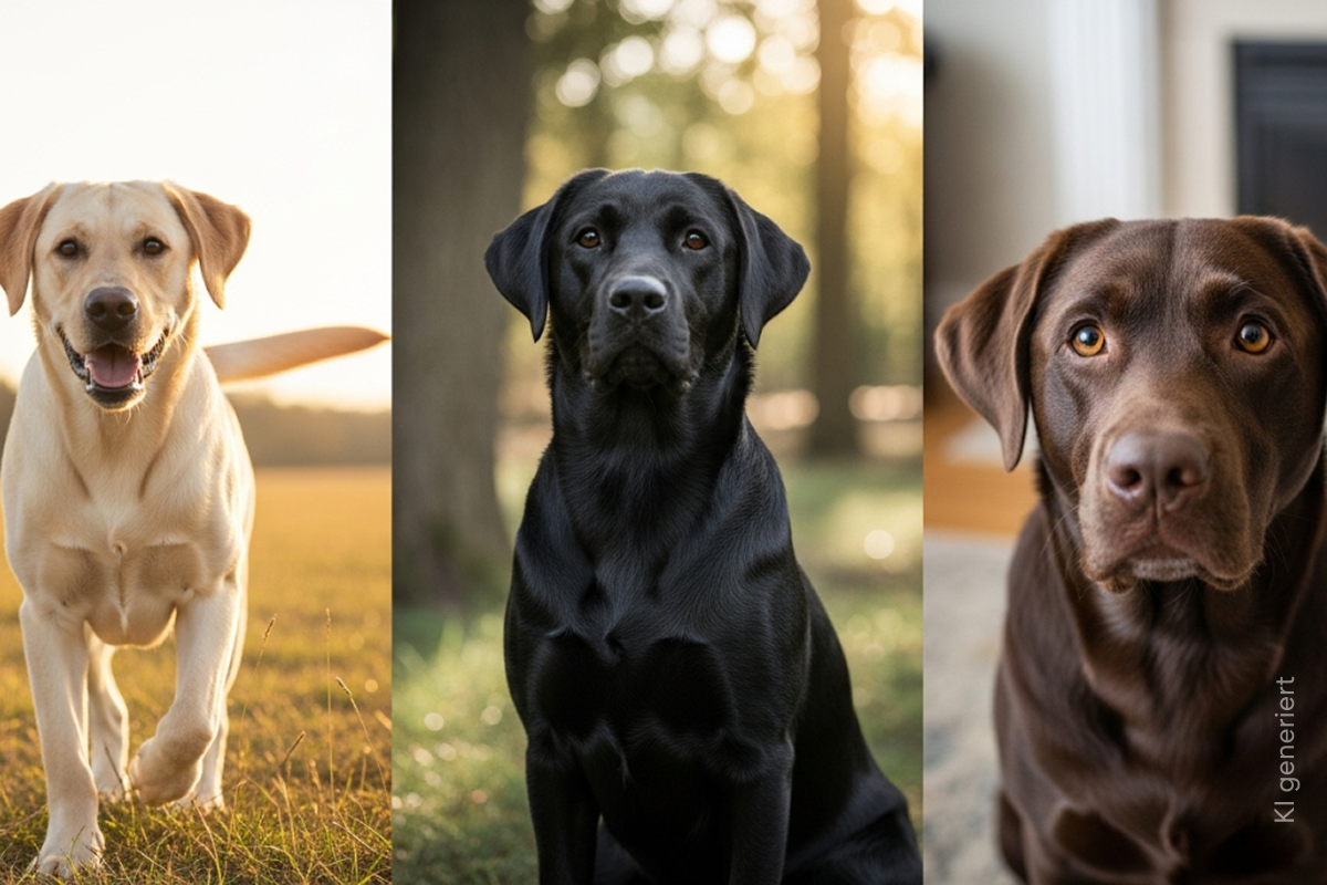 Drei Labradore in den Farben beige, schwarz und braun.