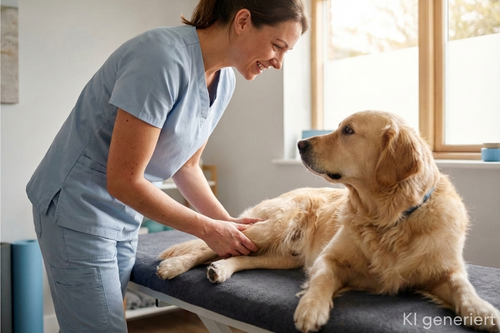 Ein Hund liegt auf einer Behandlungsliege und wird massiert