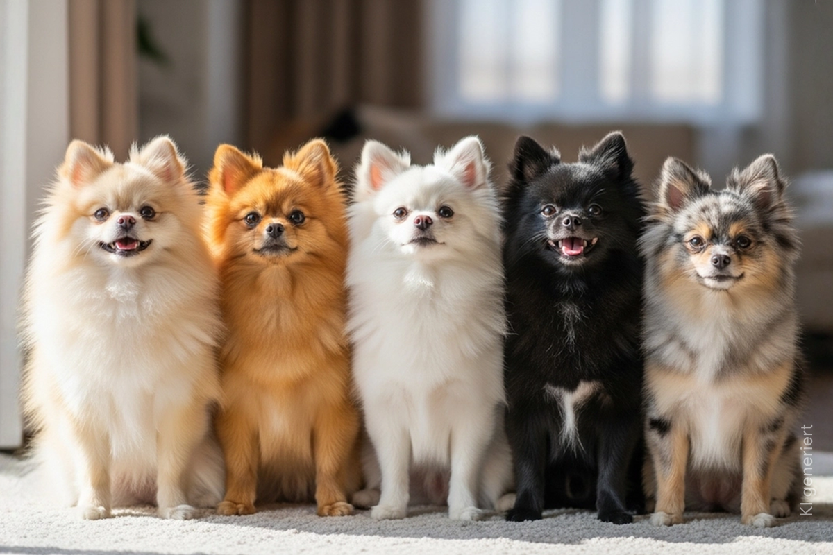 Fünf Pomeranians in verschiedenen Farbschlägen