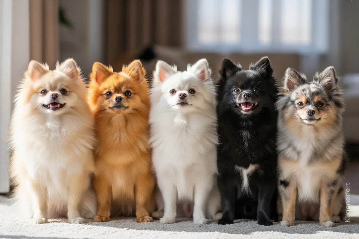 Fünf Pomeranians in verschiedenen Farbschlägen.