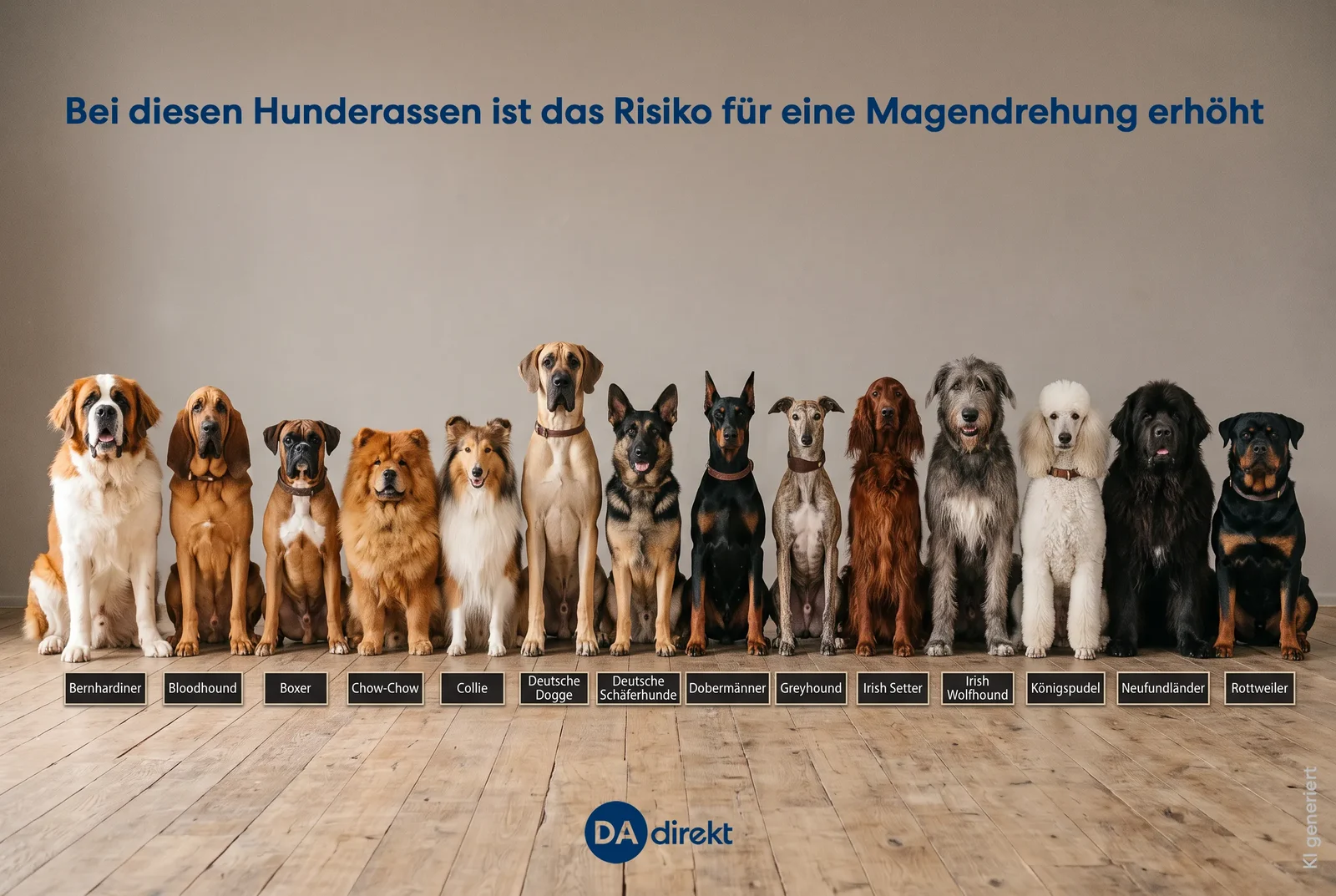 Abbildung aller Hunderassen, die besonders anfällig für eine Magendrehung sind