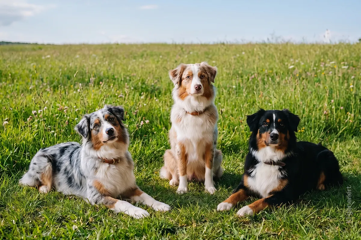 Drei ausgewachsene Australian Shepherds in den Farben Blue Merle, Red Merle und Black Tri