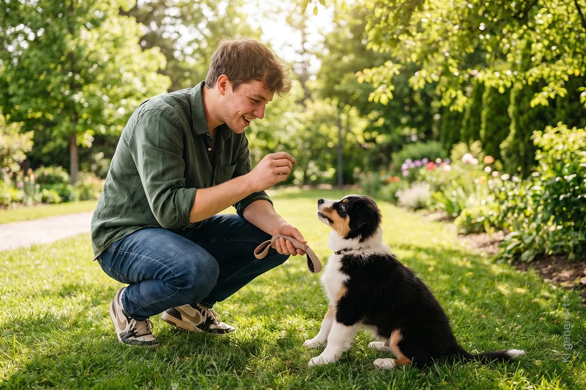 Ein junger Mann belohnt seinen Australian Shepherd Welpen mit einem Leckerli