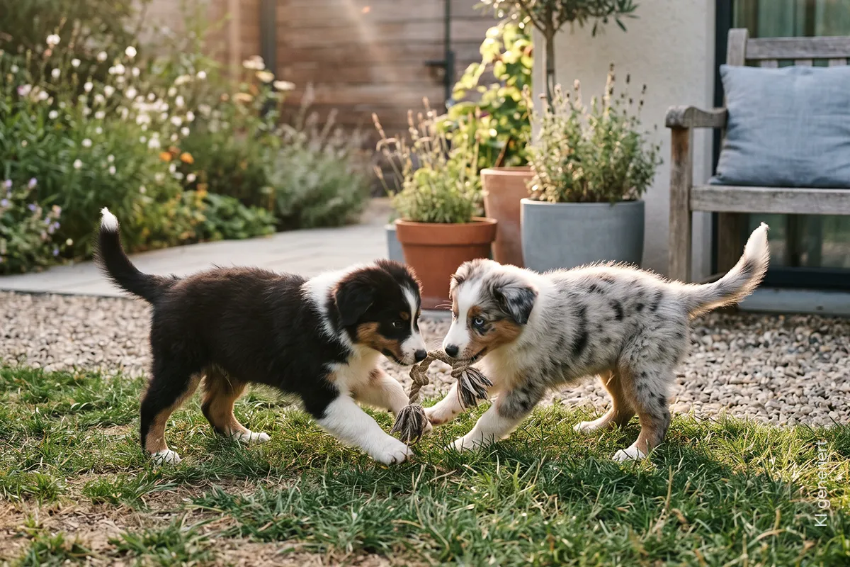 Zwei Australian Shepherd Welpen spielen mit einem Zergel im Garten