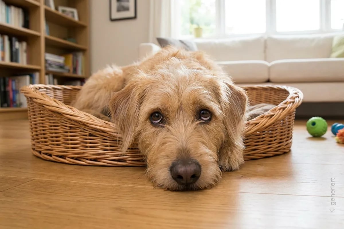 Hund mit Bauchschmerzen liegt in seinem Körbchen