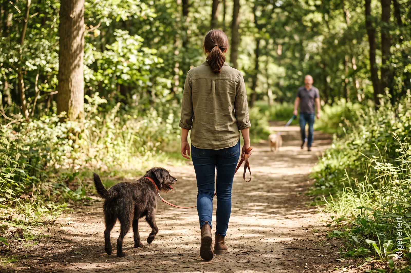 Hund und Halterin auf einem sonnigen Waldweg im Sommer beim Gassigehen – sicheres Spazierengehen mit Hund