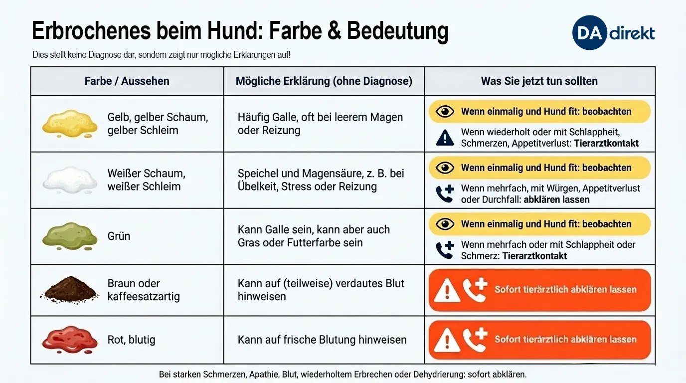 Schaubild mit schematischer Darstellung von Erbrochenem beim Hund inklusive Farbe und möglicher Bedeutung.